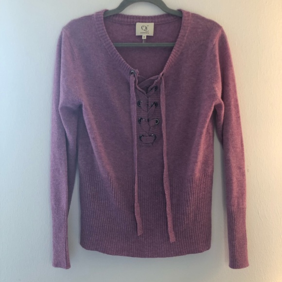 Qi Cashmere Sweater Lace Up Front 100% Cashmere Berry Mousse (Purple-Pink) M EUC - Picture 5 of 14